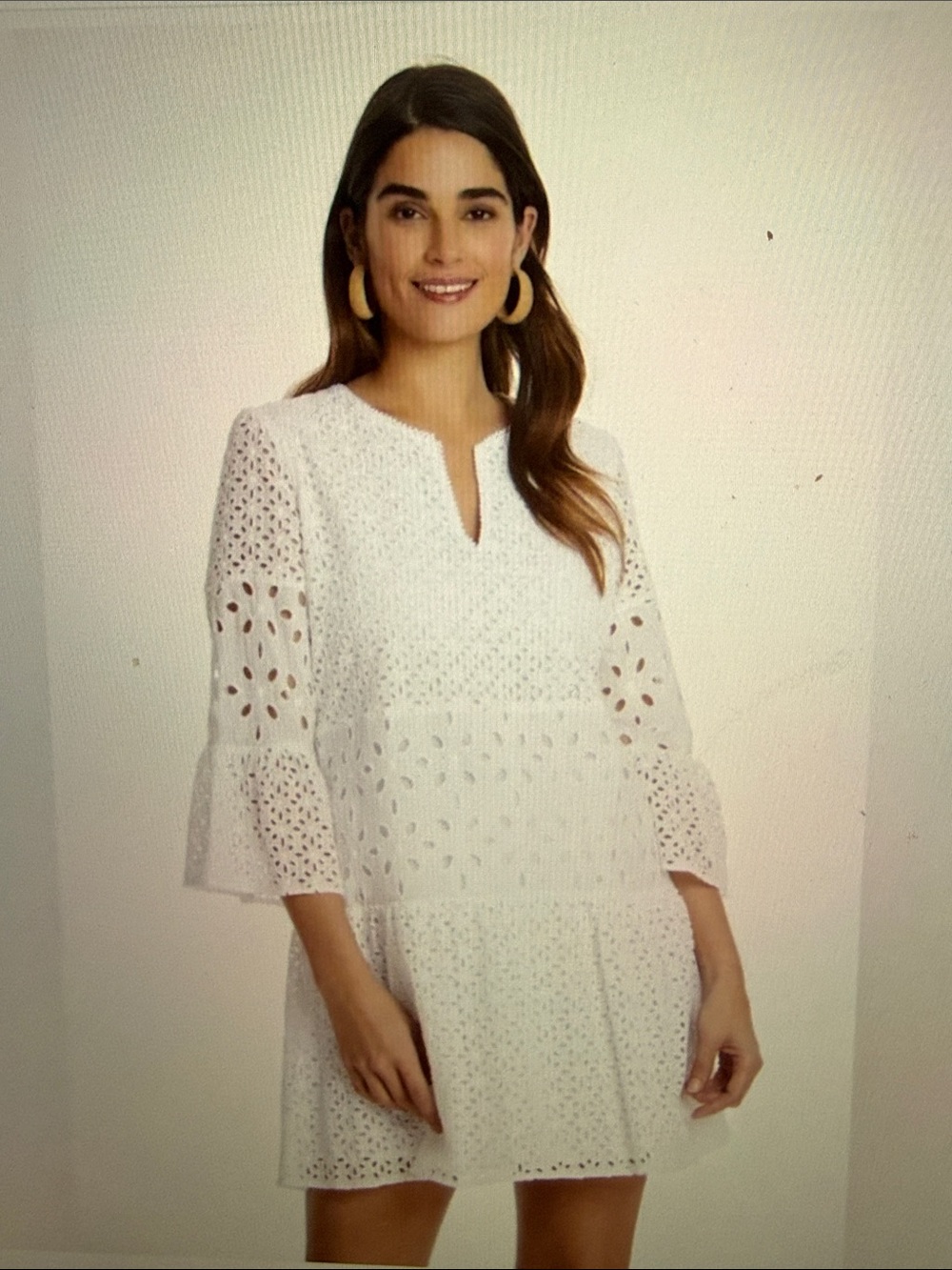 Tyler Boe Ingrid White Eyelet V-Neck Bell Sleeve Tiered Mini Dress